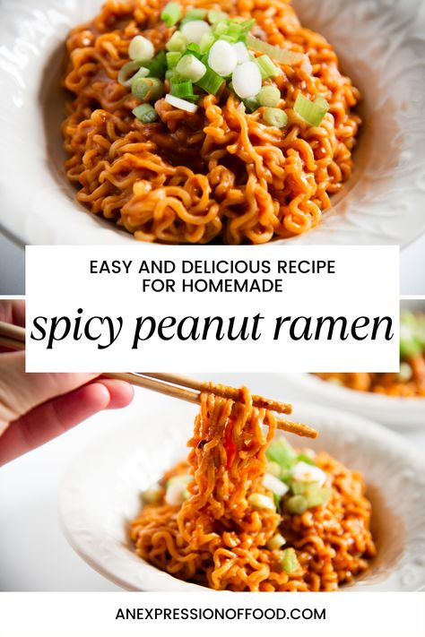 Spicy Thai Peanut Ramen, Ramen Noodles With Peanut Sauce, Ginger Ramen Noodle Recipes, Kara And Nate Peanut Butter Ramen, Spicy Thai Peanut Noodles, Easy Spicy Peanut Noodles, Ramen With Peanut Butter, Peanut Butter Ramen Noodle Recipes, Ramen Peanut Noodles