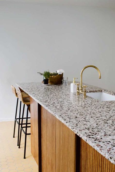 Granite Countertops That Will Look Perfect In Your Kitchen Terrazzo Kitchen Countertops, Terrazzo Countertop, Kitchen Granite Countertops, Terrazzo Kitchen, Green Kitchen Island, Modern Terrazzo, Green Kitchen Designs, Kitchen Granite, Gold Faucet