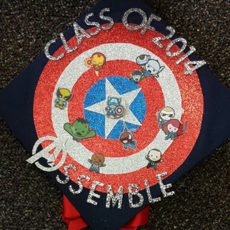 My graduation cap!! Marvel Graduation Cap Ideas, Grad Hats, Graduation Hats, College Grad Cap Ideas, Avengers Tattoo, Grad Cap Decorated, High School Graduation Cap, College Graduation Cap Decoration, Grad Cap Designs