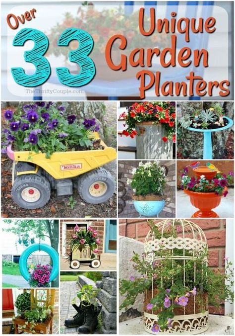 33 Ways to Reuse Items for Unique Garden Planter Ideas - The Thrifty Couple. I love these ideas on ways to use old items and stuff to make a new garden planter for flowers or vegetables, or herbs or fruit. You can turn nearly anything into a garden planter. #gardening #gardens #garden #gardenideas #gardentips #gardenhacks #planters #unique #containergardening #gardenplanters #outdoorspaces #outdoors #yards #tips #hacks #tricks #vegetablegarden #flowergarden Unique Container Garden Ideas, Unique Outdoor Planter Ideas, Unique Gardening Ideas, Shoe Planter Ideas, Unique Planter Ideas Outdoor, Unique Garden Containers, Repurposed Flower Pots, Planters From Recycled Items, Things To Use As Planters