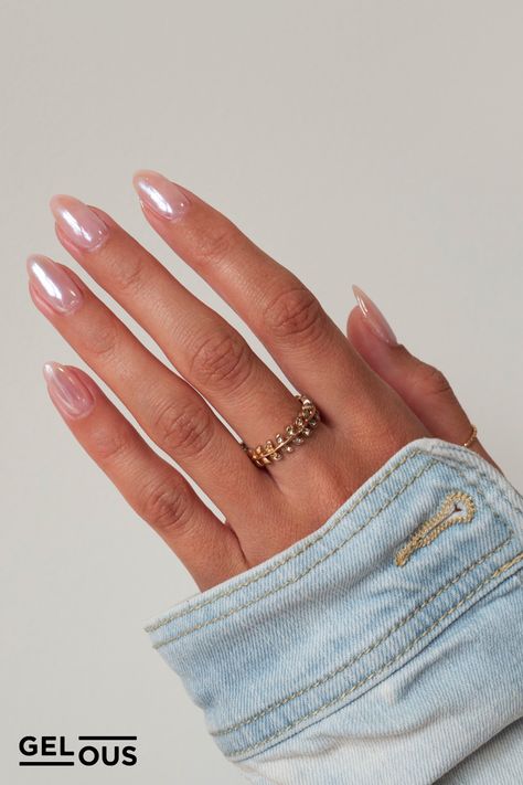 Gelous Hailey Bieber Glazed Donut gel nail polish art using Gelous Sugar Glazed Polish & Chrome Pack - photographed on model Round Glazed Nails, Glazed Valentines Nails, Dip Powder Nails Glazed Donut, Clear Chrome Gel Nails, Glazed Donut Nail Art, Glazed Doughnut Nails Pink, Hailey Beiber Glazed Doughnut, Light Pink Glazed Donut Nails, Haley Bieber Nails Glazed Donut