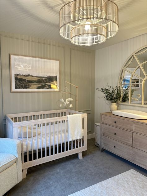 Natural and organic nursery with subtle green and golf vibes. Gender neutral but perfect for our baby boy! Gold Crib Boy Nursery, Boys Nursery Green, Gender Neutral Sports Nursery, Boy Nursery Room, Golf Theme Nursery, Golf Themed Nursery, Vintage Golf Nursery, Vintage Golf Nursery Baby Boy, Golf Baby Nursery