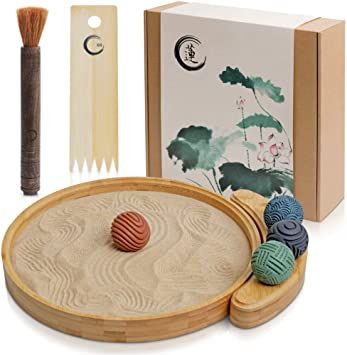 Amazon.com: ENSO - Japanese Zen Garden Kit for Desk - Sand Garden Tools and Accessories Box Set for Office Desktop - 12” Large Round Bamboo Tray, 4 Stamp Spheres, Natural Sand, Rake - Mini Zen Decor Gifts : Toys & Games Mini Jardin Zen, Zen Office Decor, Sand Tray Therapy, Zen Office, Zen Sand Garden, Sand Garden, Sand Tray, Mini Zen Garden, Zen Gifts