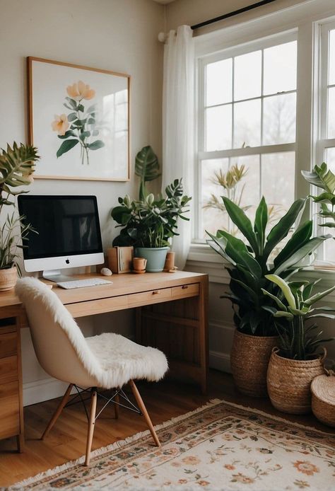 Home Study Decor Ideas, Yoga Room Office, Light Cozy Home Office, Office Ideas At Home, Feminine Boho Office, Cozy Office Inspiration, Home Office Ideas Apartment, Zen Vibes Aesthetic, Work Office Inspo Decor