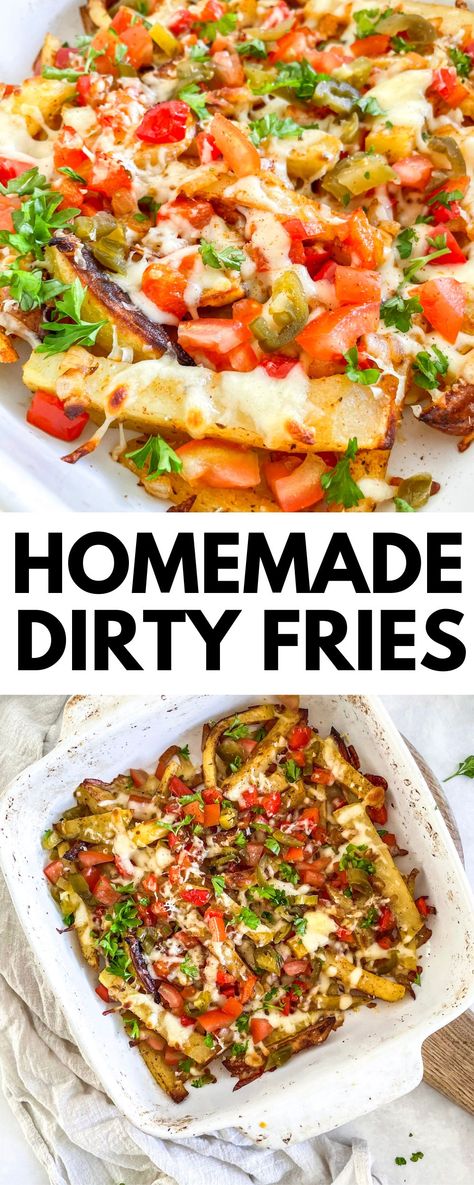 Healthy Loaded Fries, Dirty Fries Recipes, Fajita Fries, Mexi Fries, New York Fries, Loaded Fries Recipe, Meal Board, Garlic Mushrooms Recipes, Dirty Fries