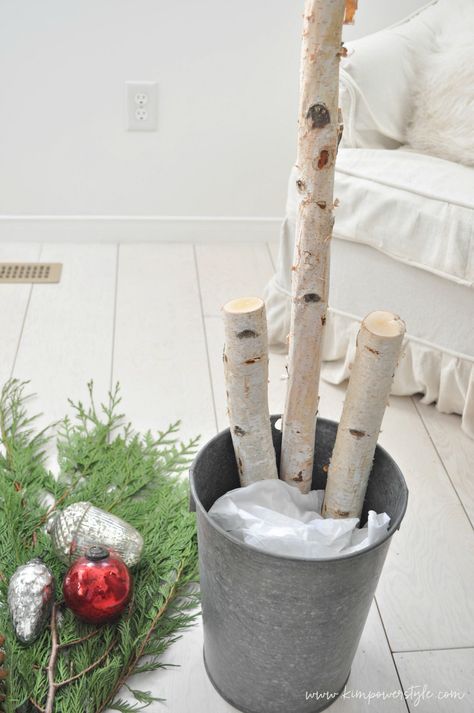 White Birch Christmas Tree Decorating Ideas, Birch Evergreen Planter, Birch Sticks In Planters, Birch Sticks Christmas Decor, Wood Log Christmas Decor, White Birch Logs Decor Rustic Christmas, Birch Branches Decor, Birch Christmas Planter, Birch Wood Christmas Decor