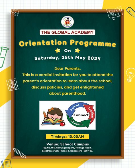 The Global Academy warmly invites all parents to our Orientation Programme on Saturday, 25th May 2024, at 10:00 AM. This session is designed to provide an in-depth understanding of our school's policies and educational approach. It's a great opportunity to connect with teachers and other parents, and to gain valuable insights into effective parenting. Join us at our school campus. We look forward to seeing you there! #OrientationSession #OrientationProgram #electroniccityphase2 #theglobalaca... New Normal Education Poster, Admission Open Poster, Gks Scholarship Undergraduate, Preschool Admission Open Poster, Admission In Progress Flyer, School Campus, Phase 2, Looking Forward To Seeing You, Parenting