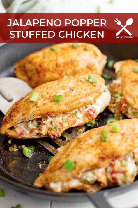 This Jalapeño Popper Stuffed Chicken Recipe is made with well seasoned chicken breasts, stuffed with a mixture of smoky bacon, sharp cheddar, cream cheese, and jalapeños. It is a quick and easy low carb meal, that comes together in about 30 minutes. Jalapeno Popper Stuffed Chicken, Popper Stuffed Chicken, Stuffed Chicken Breast Cream Cheese, Peace Love And Low Carb, Cheese Stuffed Chicken Breast, Jalapeno Popper Chicken, Raw Chicken Breast, Cheese Stuffed Chicken, Jalapeno Chicken