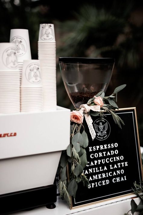 Coffee Cart At Wedding, Coffee Cart Photoshoot, Espresso Bar At Wedding, Coffee Bar At Party, Espresso Bar Wedding, Wedding Espresso Bar, Wedding Coffee Cart, Coffee Party Bar, Coffee Bar For Wedding