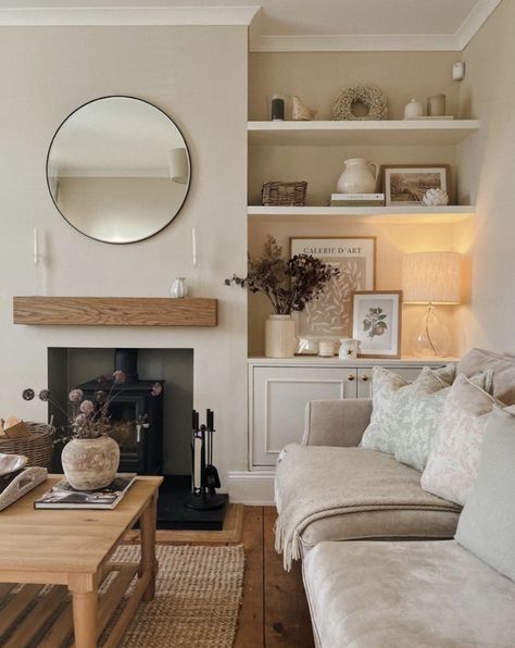 Alcove Ideas Living Room, Log Burner Living Room, Lounge Room Styling, Cream Living Rooms, Snug Room, Bungalow Exterior, Cosy Bedroom, Cosy Living, Lounge Ideas