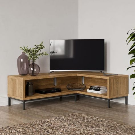 Tv Corner Ideas Living Room, Corner Tv Living Room Layout, Tv In Corner Of Living Room, Corner Tv Cabinets, Wooden Tv Unit, Tv Unit Decor, Tv Unit Furniture Design, Corner Tv Unit, Modern Rustic Living Room