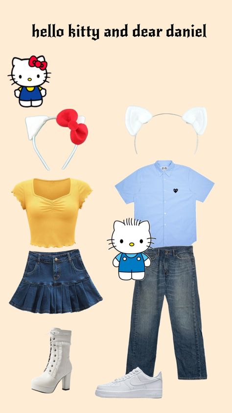 couple halloween costume inspo, hello kitty and dear daniel Hello Kitty Halloween Costume, Hello Kitty And Dear Daniel, Halloween Couples Costume, Hello Kitty Costume, Couple Halloween Costume, Kitty Costume, Dear Daniel, Couples Cosplay, Halloween Couples