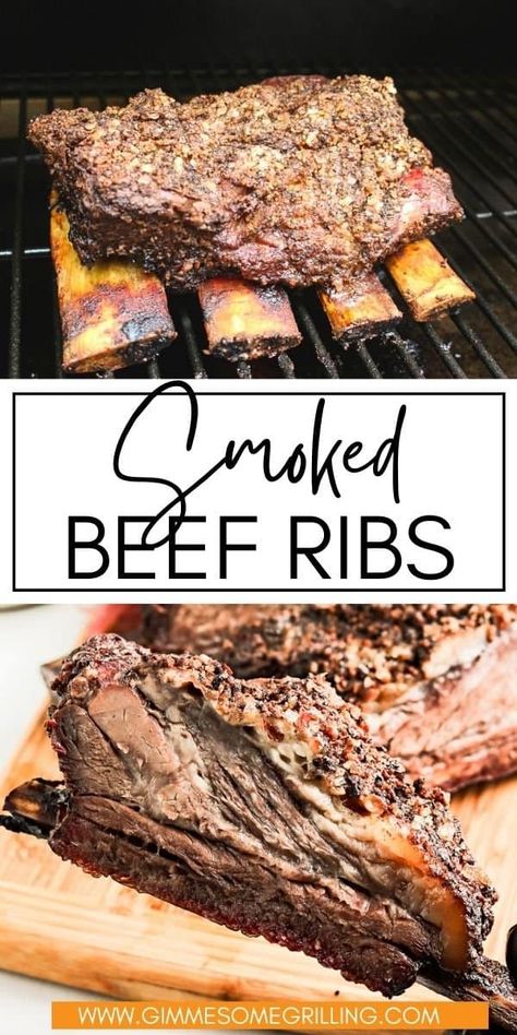 Mouthwatering, perfectly seasoned Smoked Beef Ribs will be your new favorite dinner on the smoker! Tons of beef packed with delicious flavor. Grab a beef rib and devour it. Beef Ribs On Smoker, Beef Short Rib Smoker Recipes, Smoked Beef Ribs In Electric Smoker, Beef Ribs On The Smoker, Bone In Beef Short Rib Recipes Grill, Smoked Beef Ribs In Smoker, Beef Ribs Smoker Recipe, Smoked Beef Ribs In Pellet Smoker, Smoked Short Ribs Beef