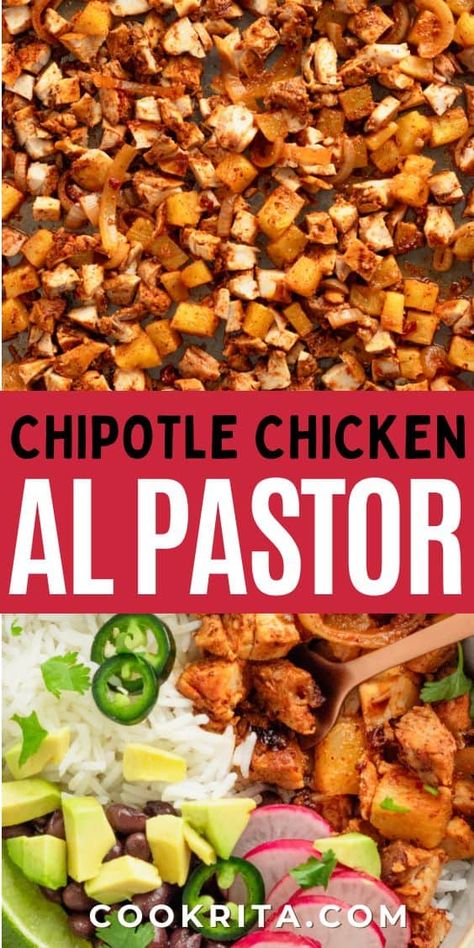 Create this quick and delicious Chipotle copycat Chicken Al Pastor for an easy make ahead dinner. Marinate chicken thighs in a zesty, earthy, and slightly spicy blend - perfect for burrito bowls, tacos, quesadillas, burritos, and beyond. Chicken Al Pastor Bowl, Al Pastor Chicken Recipe, Chicken Pastor Recipe, Chipotle Al Pastor Chicken Copycat, Chipotle Brisket Copycat Recipes, Adobo Chicken Chipotle, Chicken Pastor Tacos, Adobe Chicken Recipe, Copycat Chipotle Recipes