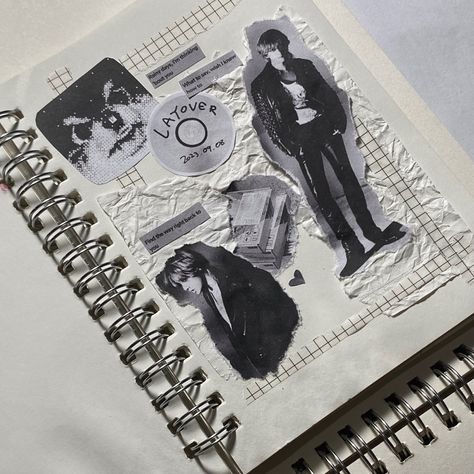 black and white journal spread. kpop journal bts version kim taehyung. Scrapbook Journal Black And White, Journal Spreads Kpop, Journal Ideas Black And White, White Scrapbook Ideas, Black And White Scrapbook Ideas, Journal Ideas Black, Black And White Journal Ideas, Kim Taehyung Journal, Black Journal Aesthetic