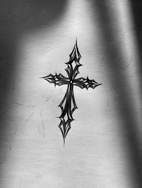 3cross Tattoo Design, Knife Tattoo Chest, Cross Knee Tattoo, Barbwire Cross Tattoo, Cross Swords Tattoo Design, Cross With Thorns Tattoo, Cross Cybersigilism, Cybersigilism Cross Tattoo, Gothic Word Tattoo