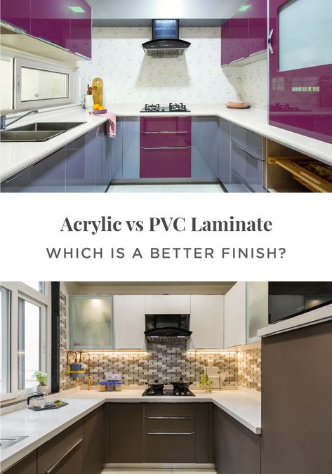 pvc-laminate-vs-acrylic-design-for-kitchen Acrylic Sheets For Kitchen Cabinets, Kitchen Cabinet Laminate Ideas, Pvc Modular Kitchen Design, Pvc Furniture Kitchen, Pvc Kitchen Cabinets Design, Acrylic Kitchen Cabinets Colors, Acrylic Sheet Design, Cabnits Kitchen, Pvc Laminate