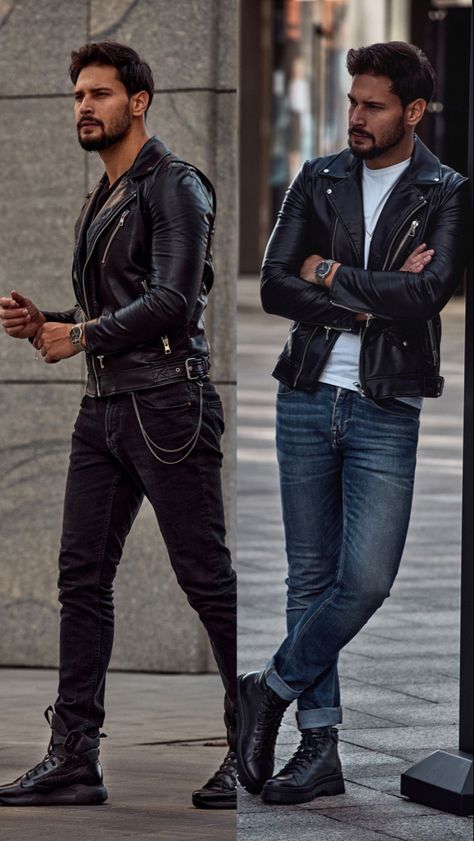 Rocker Look Men, Mens All Black Club Outfit, Men’s Leather Outfit, Biker Man Outfit, Mens Rocker Style Outfits, Biker Men Outfit, Mens Fashion Alternative, Rock N Roll Outfit Men, Biker Outfit Men Motorcycles