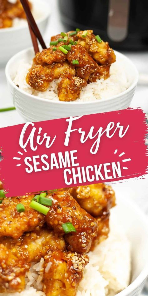 This Sesame Chicken Recipe is perfect for the air fryer. It is crispy on the outside and so tender and juicy on the inside with the perfect sauce. Air Fryer Sesame Chicken, Chicken In The Air Fryer, Chicken Bites Recipes, Asian Chicken Recipes, Sesame Chicken Recipe, Air Fryer Oven Recipes, Air Fryer Recipes Chicken, Easy Air Fryer, Air Fryer Dinner Recipes