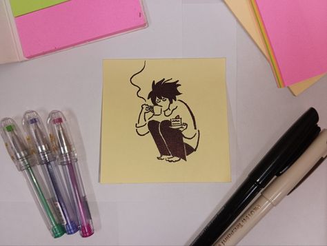 Sticky Notes Series. #DeathNote #L #aesthetic #Pen #drawing Sketch On Sticky Note, Sticky Note Window Art, Sticky Notes Drawing Ideas, Posted Notes Art, Cute Sticky Note Drawings, Things To Draw On Sticky Notes, Sticky Note Art Doodles, Sticky Note Doodles Easy, Post It Drawings Doodles