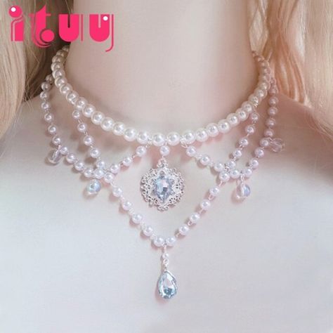 Handmade Lolita Necklace Gorgeous Rococo Style Multilayer Pearl Crystal Gem Bead Chain Collarbone Chain Wedding Bride Accessory _ - AliExpress Mobile 1800s Jewelry, Prom Necklaces, Future Engagement Rings, Accesories Jewelry, Prom Jewelry, Pearl And Lace, Bride Accessories, Gem Necklace, Rococo Style