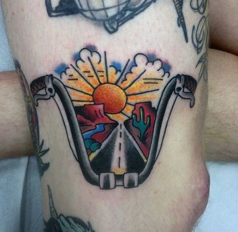 Small Traditional Biker Tattoos Handlebars With Sunset And Open Road On Man Biker Tattoos For Men, Motorcycle Tattoo, Motorcycle Tattoos, Bike Tattoos, Biker Tattoos, Traditional Tattoo Sleeve, Tattoos Geometric, American Traditional Tattoo, School Tattoo