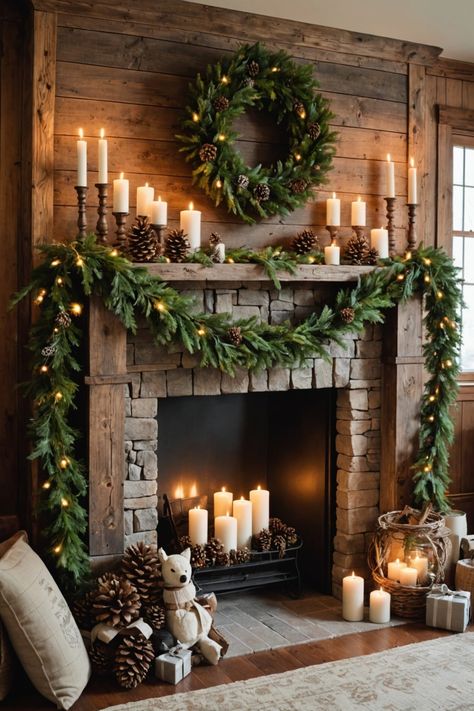 20 Christmas Mantel Decor Ideas – ToolzView Wood Fireplace Accessories, Fireplace Filled With Candles, Holiday Mantle Decor Farmhouse, Fireplace Mantle Candle Decor, Natural Christmas Mantle Decor Ideas, Decorating Unused Fireplace, Fireplace Candle Ideas, No Mantle Fireplace Decor, Mantle Candlesticks Decorating Ideas