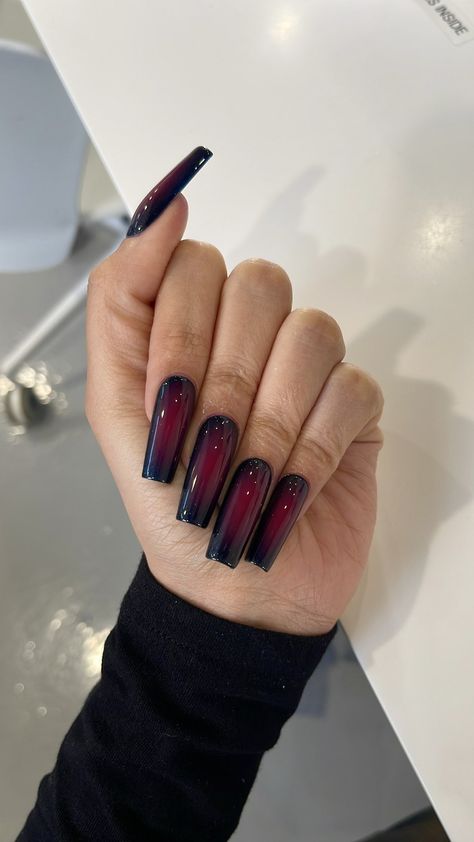 Long Dark Nail Designs, Dark Gel X Nails, Long Grunge Nails, Plum Acrylic Nails Design, Acrylic Nails Vampire, Dark Purple And Black Nails Acrylic, Long Plum Nails, Vampire Red Nails Acrylic, Long Square Acrylic Nails Goth