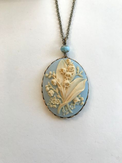 Blue Lily Of The Valley, Lily Of The Valley Flowers, Vintage Style Necklace, Valley Flowers, Blue Lily, Oxidized Brass, Vintage Inspired Jewelry, Cameo Jewelry, Cameo Necklace