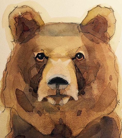 Outline Watercolor Painting, Watercolor Art Ideas Animals, Brown Bear Watercolor, Watercolor Bear Tutorial, Brown Watercolor Painting, Watercolor Painting Animals, Watercolor Bear Easy, How To Paint A Bear, Illustration Art Watercolor Artworks