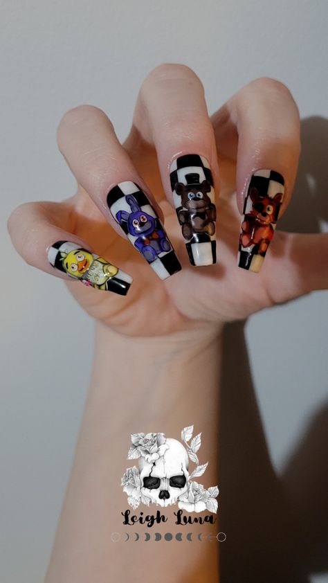 Five Nights At Freddy's Nail Art, Fnaf Nails Acrylic, Fnaf Inspired Nails, Five Nights At Freddy's Nails, Fnaf Nails Ideas, Fnaf Nail Art, Autumn Nail Ideas Acrylic, Fnaf Nails, Cartoon Nail Designs