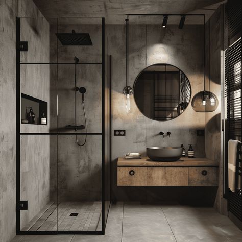 Modern Industrial Concrete Bathroom in Warm Wood Tones [Room Concept] Masculine Small Bathroom, Concrete Wood Interior, Concrete Bathroom Ideas, Small Bathroom With Bath, Concrete Bathroom Design, Modern Industrial Bathroom, Industrial Bathroom Design, Bathroom Lighting Ideas, Industrial Living Room Design