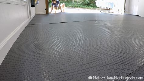 All three pieces of flooring in place in the garage. Tile Garage Floor, Garage Carpet Ideas, Garage Floors Ideas, Workshop Flooring, Garage Floor Ideas Cheap, Cheap Garage Floor Ideas, Garage Flooring, Garage Floor Ideas, Seal Garage Floor