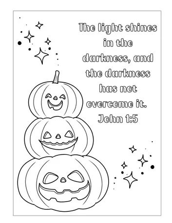 Download this free, printable Christian Halloween coloring page featuring John 1:5, The light shines in the darkness, and the darkness has not overcome it. Great for use at church, for trunk or treat events, harvest festivals, Halloween alternatives, Sunday school, and at home. #pumpkincoloringpage #Bibleversecoloringpage Christian Pumpkin Printable, Pumpkin Sunday School Lesson For Kids, Free Halloween Sunday School Lessons, Halloween Childrens Church Lessons, Pumpkin Prayer Coloring Page, Sunday School Halloween Ideas, Scarecrow Bible Lesson, Christian Halloween Ideas Free Printable, Pumpkin Church Crafts For Kids