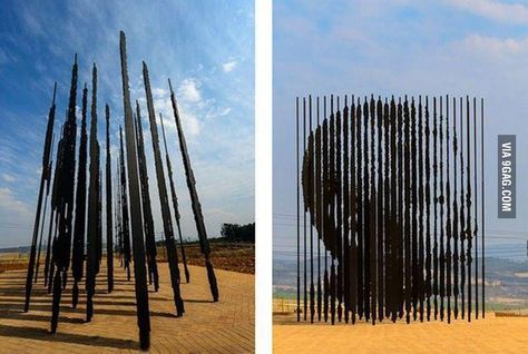 Sculpture where perspective matters Nelson Mandela Art, Cool Optical Illusions, Mandela Art, Auguste Rodin, Optical Illusions Art, Perspective Art, Artistic Installation, Steel Sculpture, Illusion Art