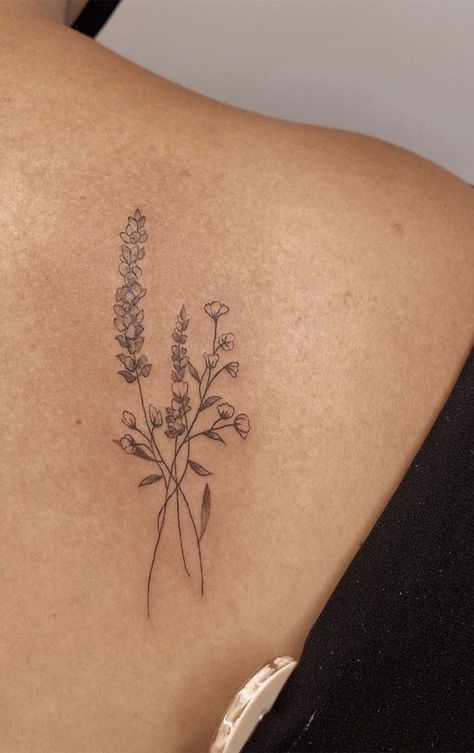 Flower Tattoos Around Words, Flower Bunch Tattoo Placement, Flowers Tattoo Placement, Birth Flower Tattoo Shoulder, Flower Tattoos Lavender, Flower Tattoo Upper Back, Stock Flower Tattoo, Bunch Of Birth Flowers Tattoo, Lavender And Lily Tattoo