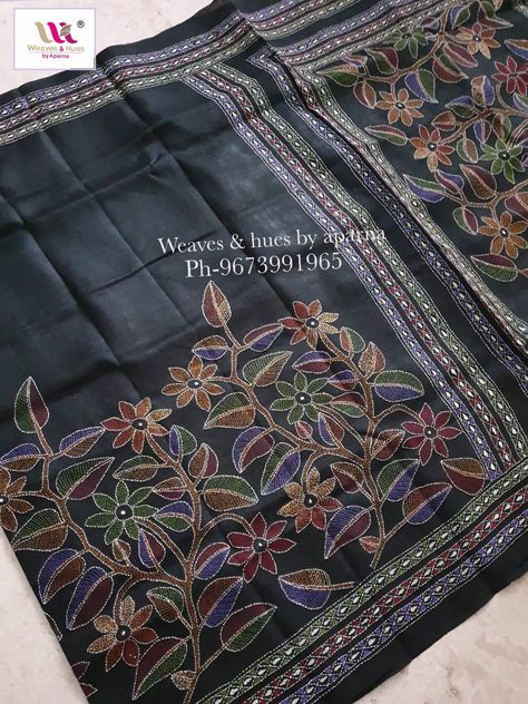 Kantha Embroidery Sarees, Silk Saree Embroidery Design, Kantha Embroidery Saree, Katha Stitch, Nokshi Katha, Kantha Work Sarees, Kashida Embroidery, Kantha Design, Kantha Sari