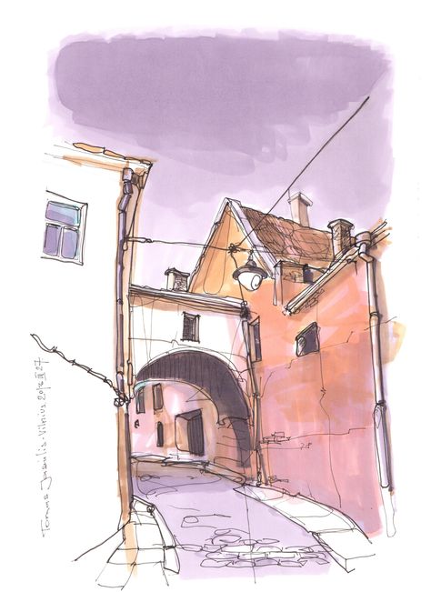 Vilnius Old Town. Vilnius Old Town Drawing, Vilnius Old Town Aesthetic, Town Drawing, City Sketch, Watercolor City, Pen And Wash, City Drawing, Watercolor Architecture, Urban Architecture