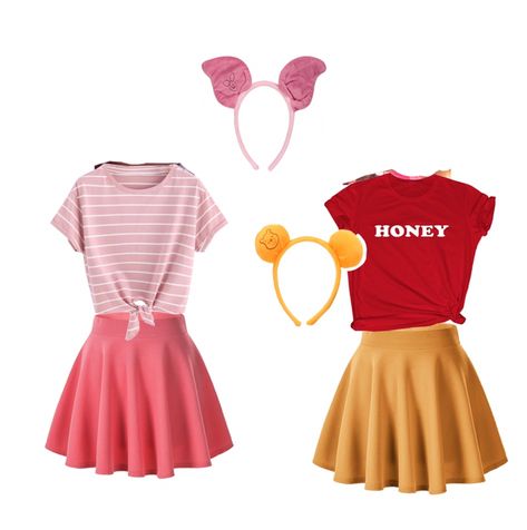 Bff Disney Costumes, Pooh And Piglet Disneybound, Whinney Pooh Costumes, Disney Friends Costumes, Best Friend Disneybound, Disneybound Friends, Disney Outfits Best Friends, Disney Friend Costumes, Piglet Costume Women