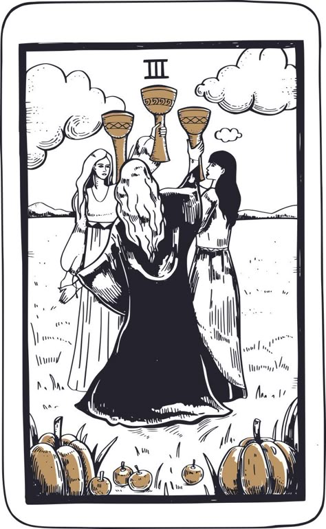 Cups In Tarot, Three Of Cups Tarot, Three Of Cups, Cup Tattoo, Moon Magick, Cups Tarot, Woman Dancing, Bountiful Harvest, Minor Arcana