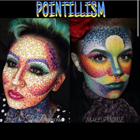 Pointillism makeup Bodypainting, Pointillism Makeup, Drama Lover, Extreme Makeup, Make Up Ideas, Theatrical Makeup, Stick Art, Painted Ladies, Scary Makeup