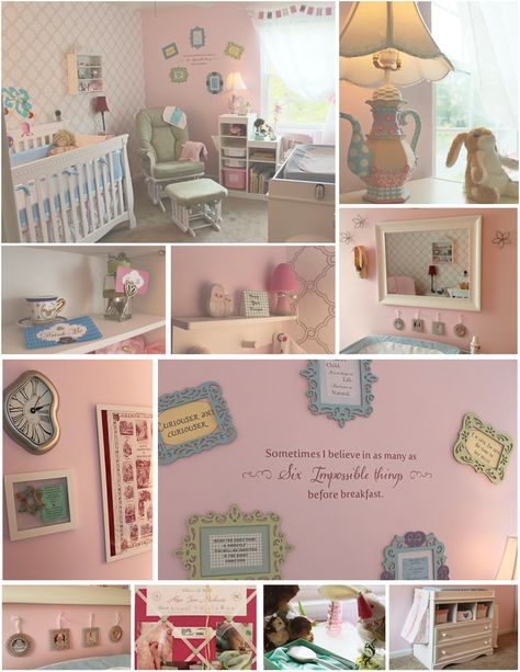 Alice in Wonderland Themed Nursery   AMAZON:  Crib Changing Table Night Stand Shadow Box Quote Decal  Pink Memo Board   BUY BUY BABY/3B:  Dutalier Reclining Rocker  Willow by Wendy Bellissimo Bedding Set Dali Wall Clock    IKEA:  Three Tiered Bookshelf & Bins Curtain  Large White Picture Frame Owl Shelf/Hooks   MICHAEL'S/HOMEMADE: Picture Frames and Quotes Flower Wall Decals  Ornament Picture Frames  Small White Picture Frame Pink Wicker Bins Wonderland Bedroom, Wonderland Nursery, Alice In Wonderland Bedroom, Wonderland Room, Disney Themed Nursery, Alice In Wonderland Room, Girl Nursery Themes, Baby Nursery Themes