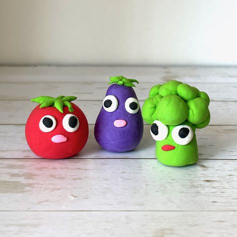 Clay vegetables - funny broccoli, tomato, eggplant - Cute Strange Creatures Clay Vegetables, Tomato Eggplant, Funny Vegetables, Tiny Toys, Kids Vegetables, Strange Creatures, Material World, Weird Creatures, The Real World