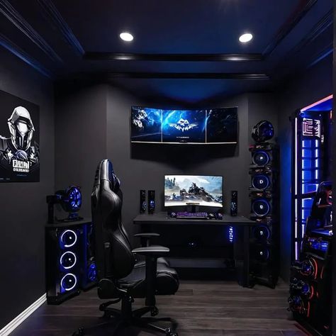 Which one would you choose!!! Like and Comment Below • • • • • #aiart #gaming #dark #darkgamer #gamingsetups #gamingsetup #playstation #sony #nintendo #gamergirl #gamerguy #onlinegaming Dark Grey Gaming Room, Dark Game Room Ideas, Black Wall Gaming Room, Gamer Man Cave Ideas, Gaming Room Setup Men, Black Gaming Room Setup, Gaming Room For Men, Dark Games Room, Dark Gaming Room Aesthetic