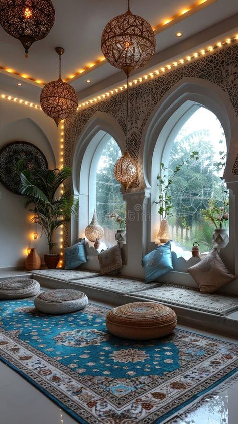 Arabian style lounge with ornate lanterns, suitable for interior design or relaxation themes. End of Eid al-Fitr. royalty free stock images Arabian Living Room Ideas, Lebanese Style Interior, Pakistani Home Decor Ideas, Arabic Decoration Arabian Decor, Arab Interior Design, Egypt Interior Design, Arabian Interior Design, Egyptian Interior Design, Arabian Furniture