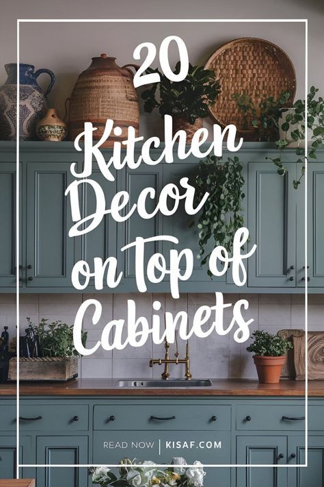 20 Kitchen Decor Ideas on Top of Cabinets You Need to Try! Decor For Upper Kitchen Cabinets, Pottery On Top Of Kitchen Cabinets, Top Of Kitchen Cupboard Ideas, Styling Tops Of Kitchen Cabinets, Kitchen Counter Shelf Decor, Over The Cabinet Kitchen Decor Ideas Modern, Top Cupboard Decor Kitchen, Kitchen Cabinet Decorations Top Of, Kitchen Garland Cabinets