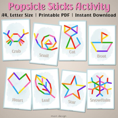 These popsicle stick activity cards allow kids to develop fine motor skills and spend quality time. Your kids will learn new skills and have fun at the same time. Great for use in homeschooling, kindergarten. You can give this great activity to your kids to make the learning process fun. Product Information: Your purchase includes A4, Letter size popsicle activity cards. Perfect for home, homeschool and kindergarten use. Text and colors that are part of the design cannot be changed. Simply print Activities For Kids At Home Age 4, Cool Activities For Kids, Kínder Activities, Popsicle Stick Picture Frame, Montessori Games, Game For Toddlers, Aktiviti Kanak-kanak, Quiet Time Activities, Craft Sticks