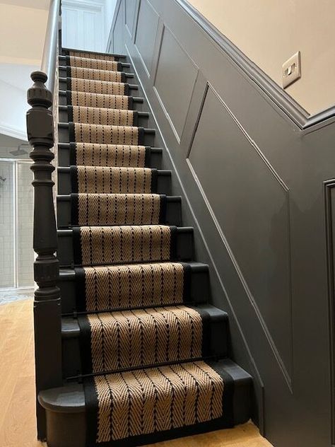 Dark Painted Stairs With Runner, Stair Runner Black Stairs, Victorian Stair Runner, Herringbone Stairs, Stairs Runner Carpet, Runner Carpet Stairs, Staircase With Runner, Stairs With Carpet Runner, Stairs Carpet Runner