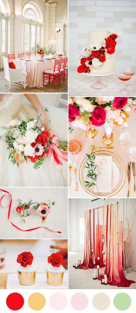 romantic poppy red, blush and gold wedding color inspiration Poppy Red Wedding, Wedding Colors Red, Red Wedding Theme, Gold Wedding Colors, Red Blush, Gold Color Scheme, Spring Wedding Colors, Wedding Color Inspiration, Summer Wedding Colors