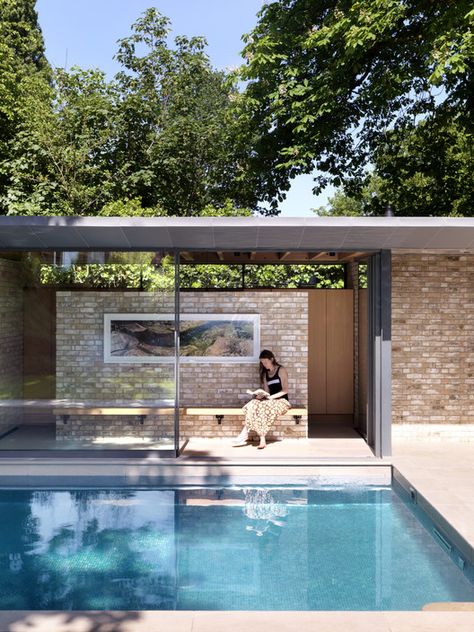 Brick Pool, Modern Pool House, Pool Pavilion, Swimming Pool House, Garden Pavilion, House London, London Architecture, Modern Pools, London House